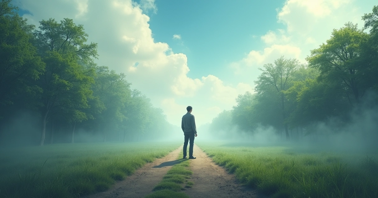 Conceptual image of a person at a crossroads, choosing between the path of guilt and the path of responsibility. 