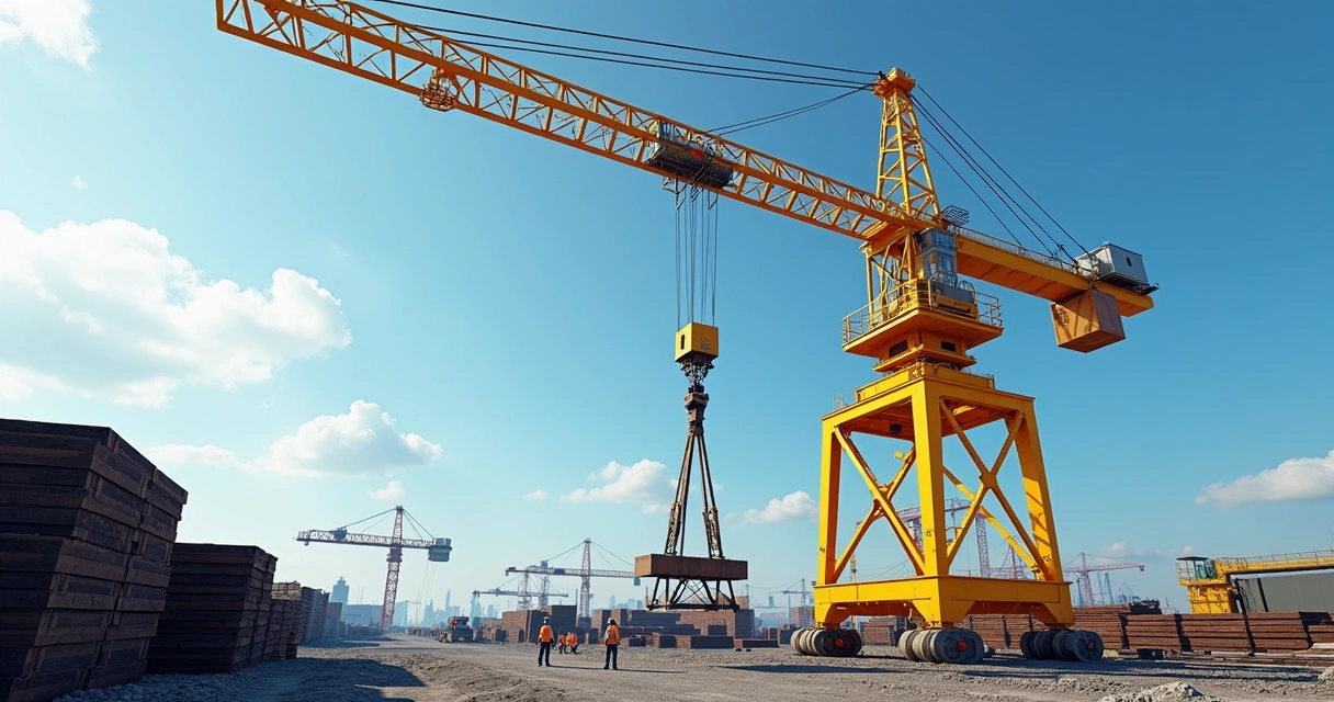 Guindaste amarelo levantando carga pesada em canteiro de obras industrial com céu azul ao fundo 
