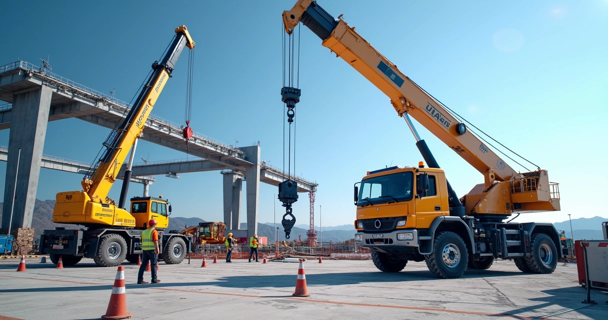 Guindaste telescópico e caminhão munck operando em canteiro de obra industrial com céu azul e equipe técnica no local 