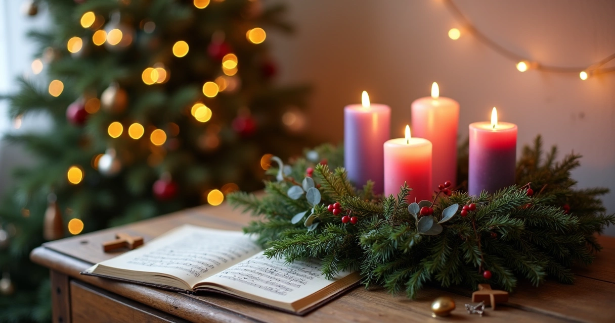 Guirlanda de Advento com quatro velas acesas ao lado de partitura de hino natalino em salão suave e natalino 