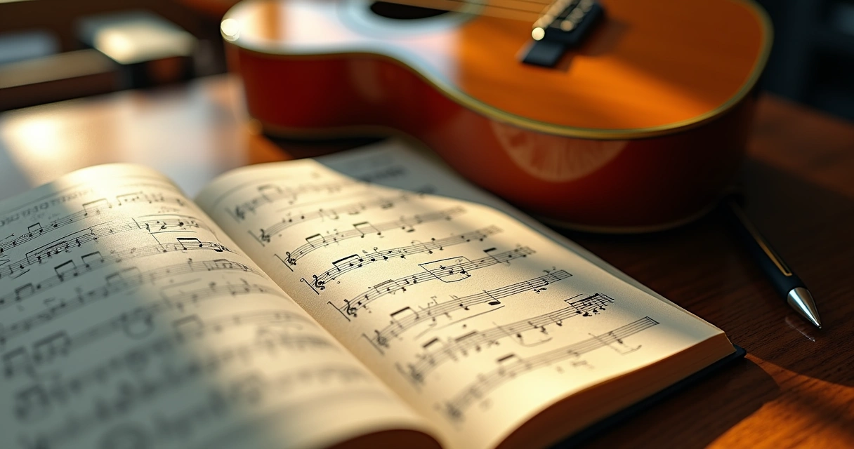 Guitarra acústica ao lado de um livro de cifras aberto 