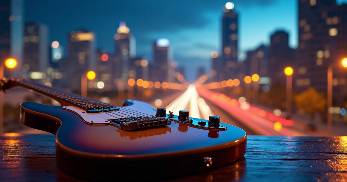 Guitarra elétrica sobre uma mesa com fundo de cidade iluminada à noite 