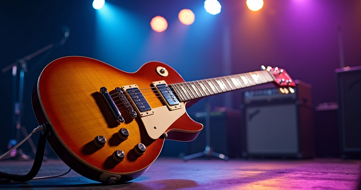 Guitarra elétrica em destaque em palco com luzes coloridas 