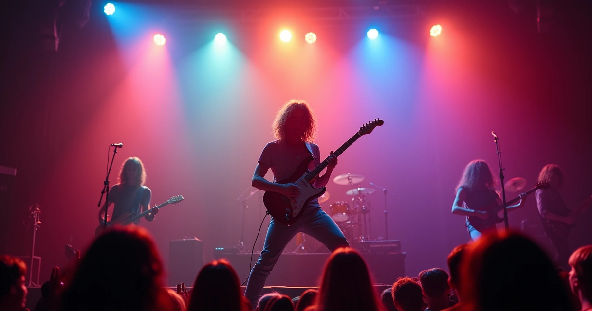 Guitarrista se apresentando em palco iluminado 