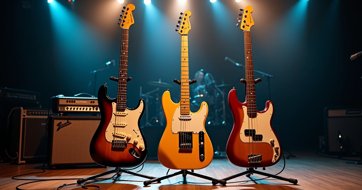 Guitarras e baixo Fender apoiados em suportes em um palco iluminado 