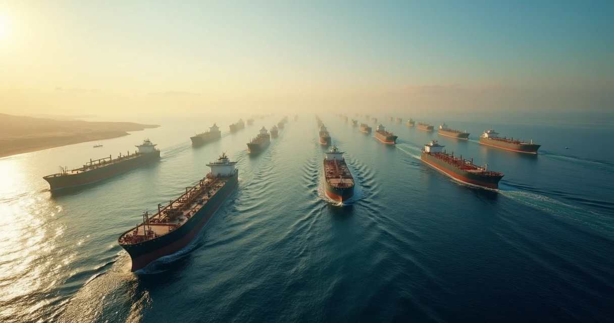 Aerial view of multiple large oil tankers approaching the Strait of Hormuz