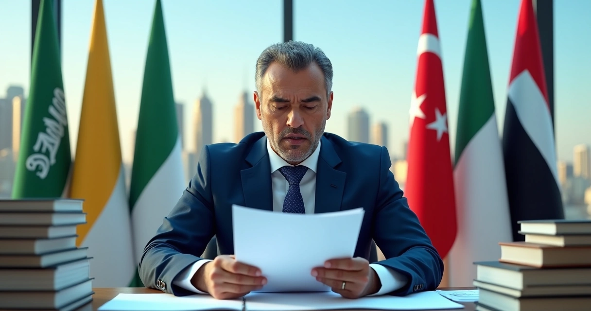 HR manager surrounded by Gulf country flags and complex legal documents