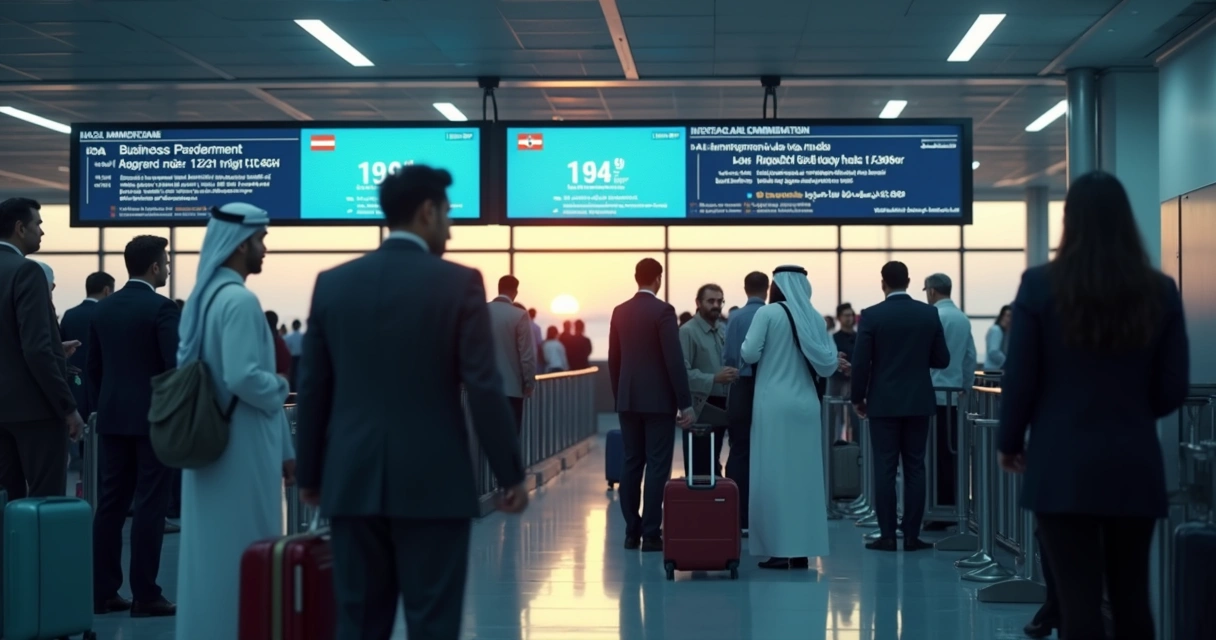 Business travelers waiting at Gulf airport immigration.