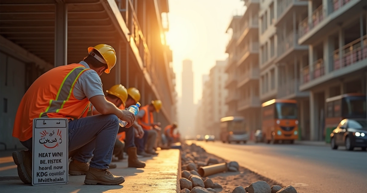 Construction workers resting in shade during Gulf midday heat.