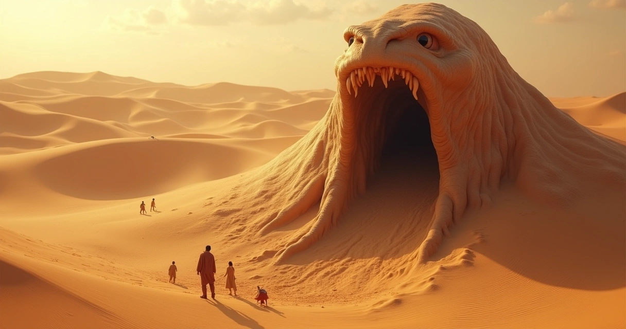 Gigante gusano de arena emerge ante personajes en el desierto 