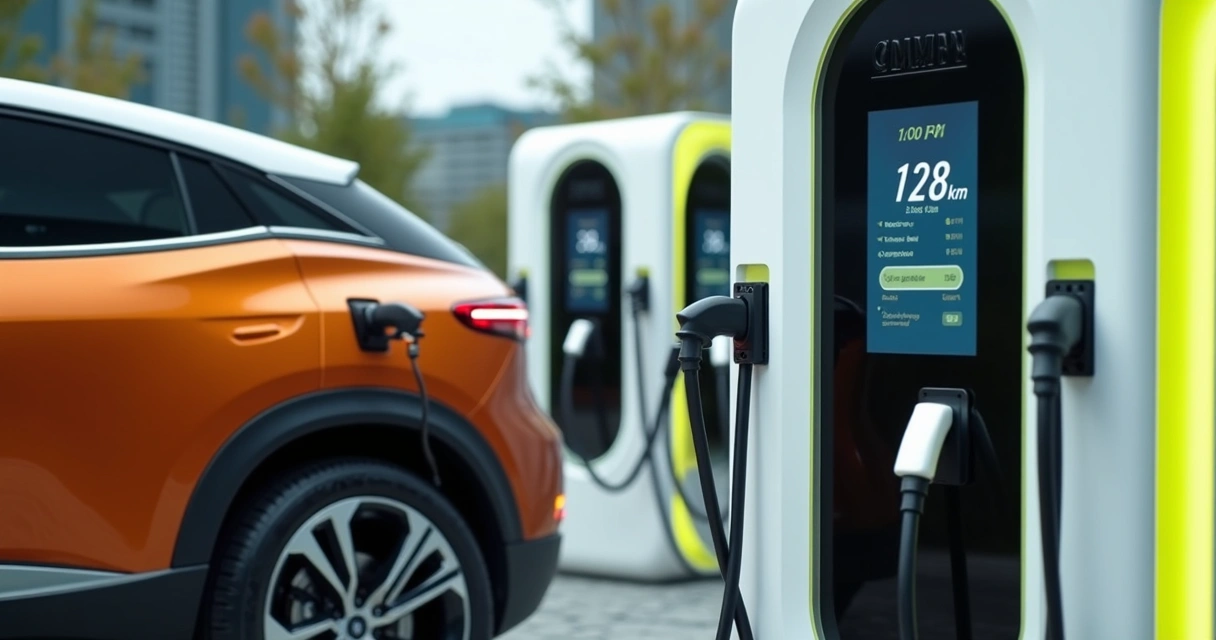 SUV Wey 07 sendo carregado em estação elétrica, painel digital mostrando autonomia