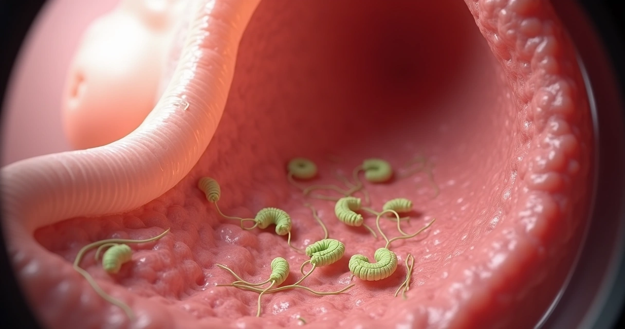 Representação realista de H. pylori no estômago vista em exame endoscópico 