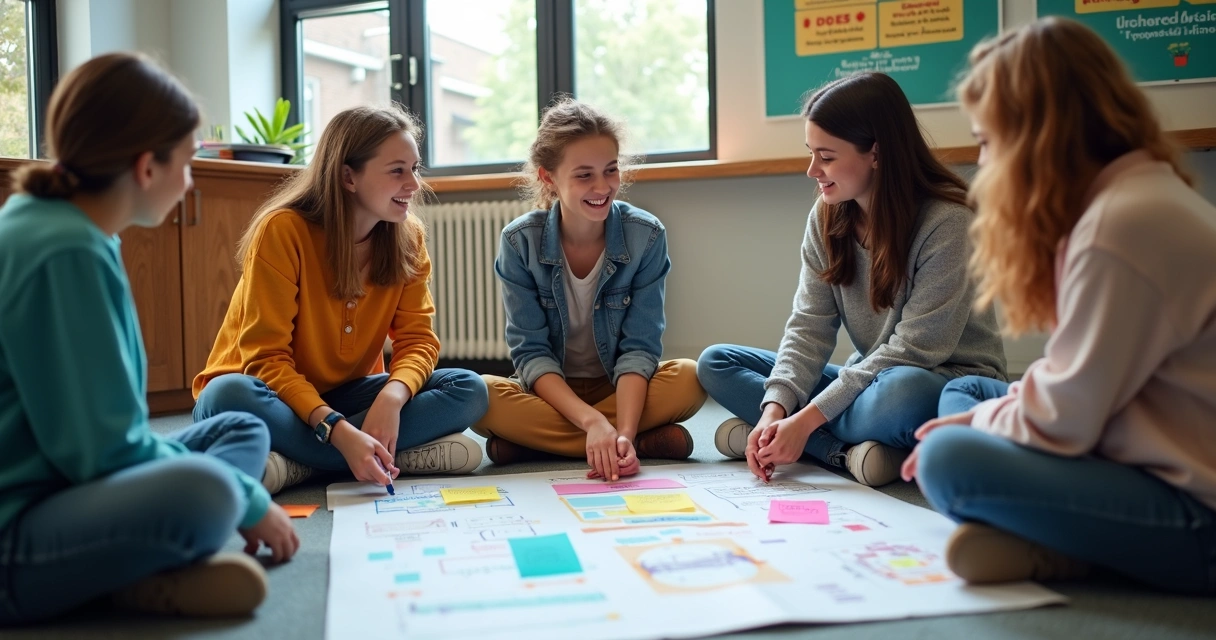 Estudantes em círculo discutindo projeto com cartazes coloridos
