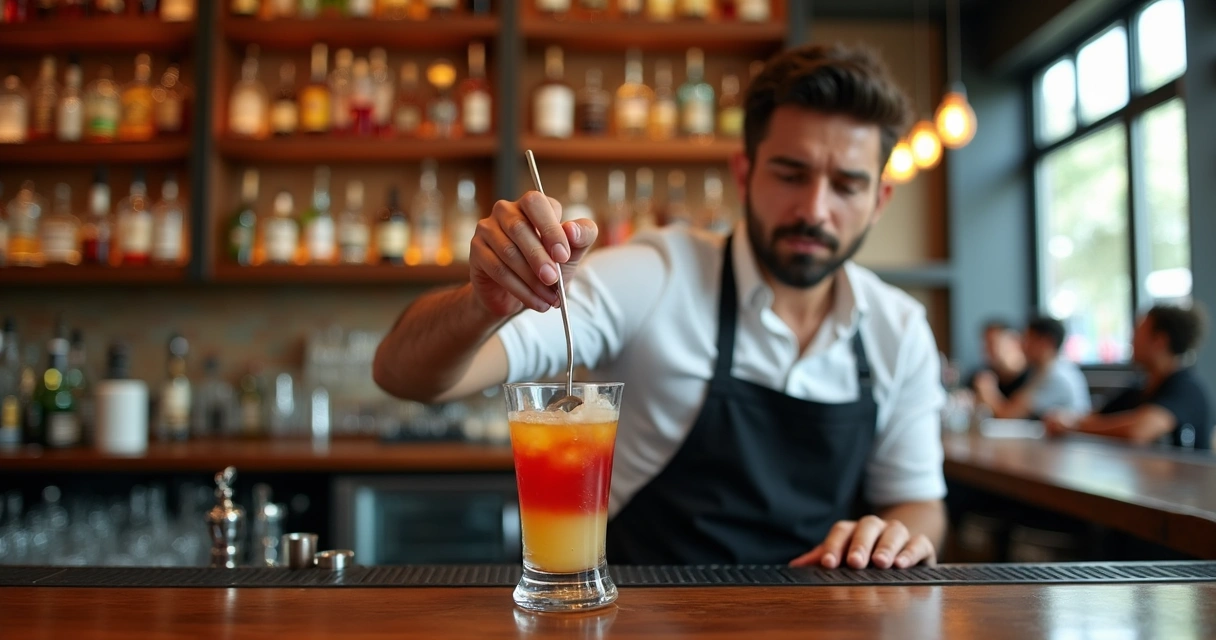 Bartender demonstrando técnicas de coquetelaria em ambiente de bar 