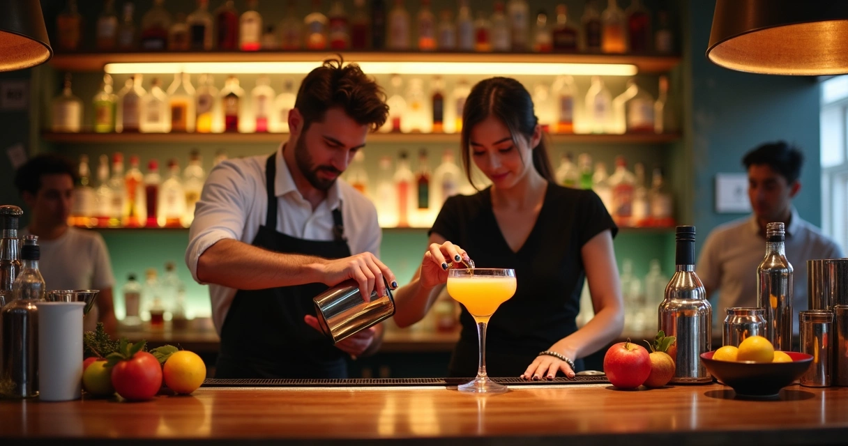 Bartender praticando técnicas com coqueteleira em ambiente de curso 