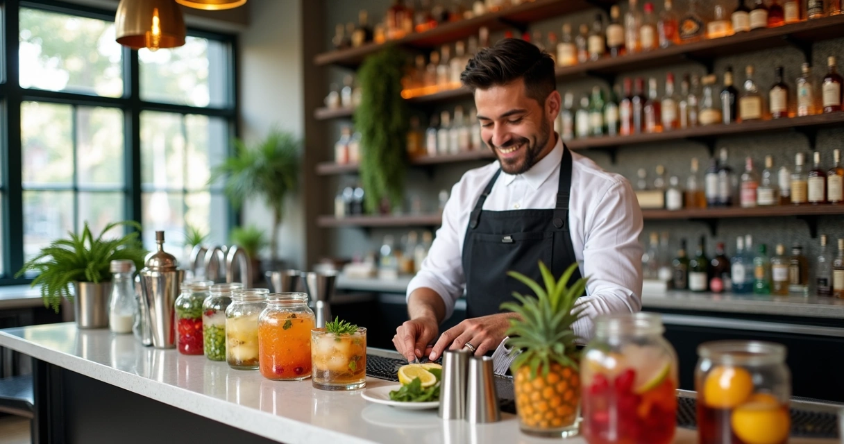 Bartender organizando ingredientes no balcão 