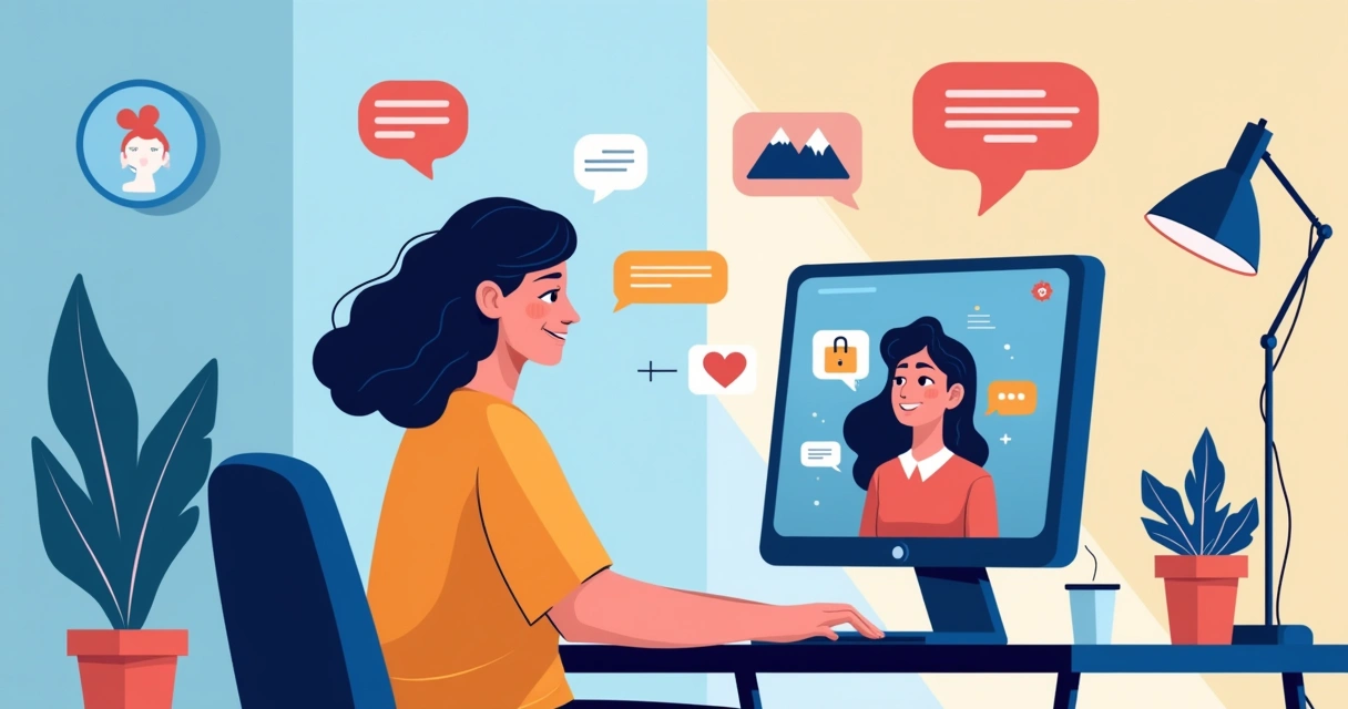 Ilustração de uma pessoa conectando-se com um cliente virtual, rodeada de ícones de empatia e comunicação.