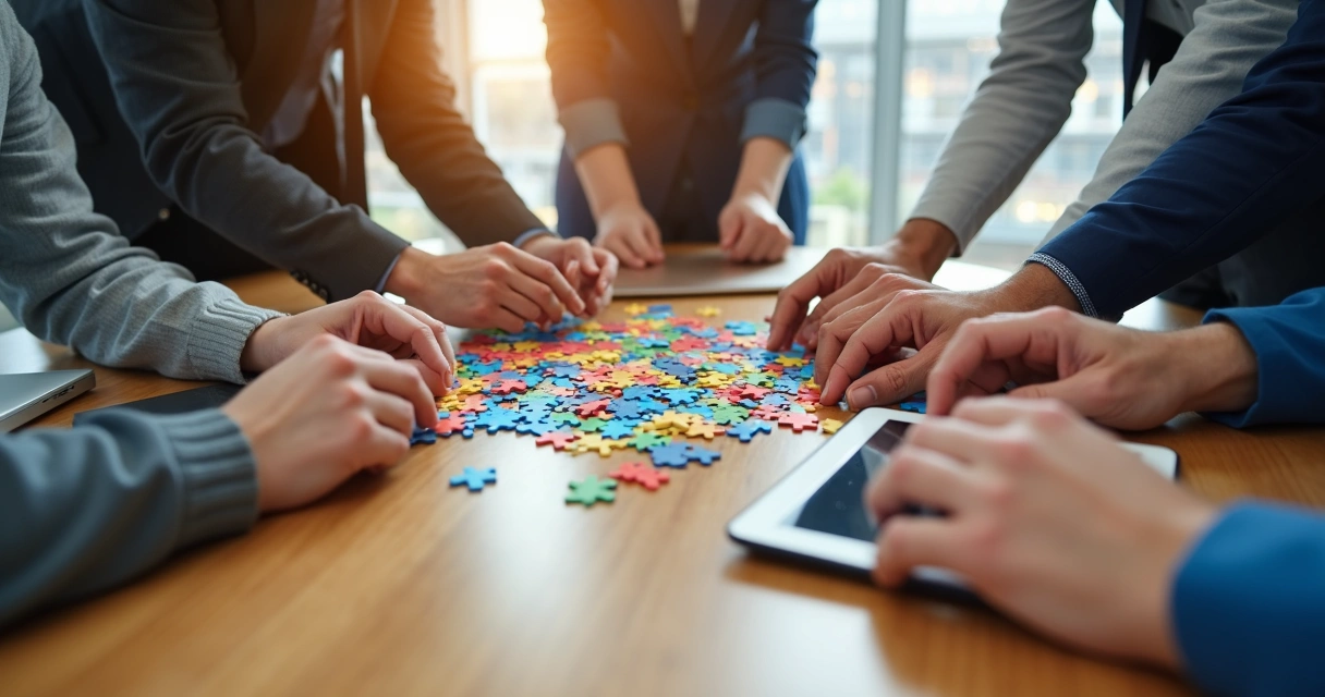 Equipe diversificada de profissionais conectando peças de quebra-cabeça coloridas 