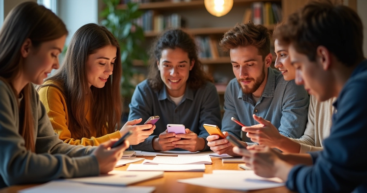Jovens sentados ao redor de uma mesa, cada um com seu smartphone, discutindo e olhando para o aparelho 