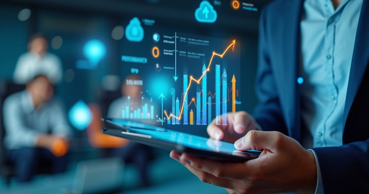 Mãos mexendo em tablet com gráficos de desempenho digital 