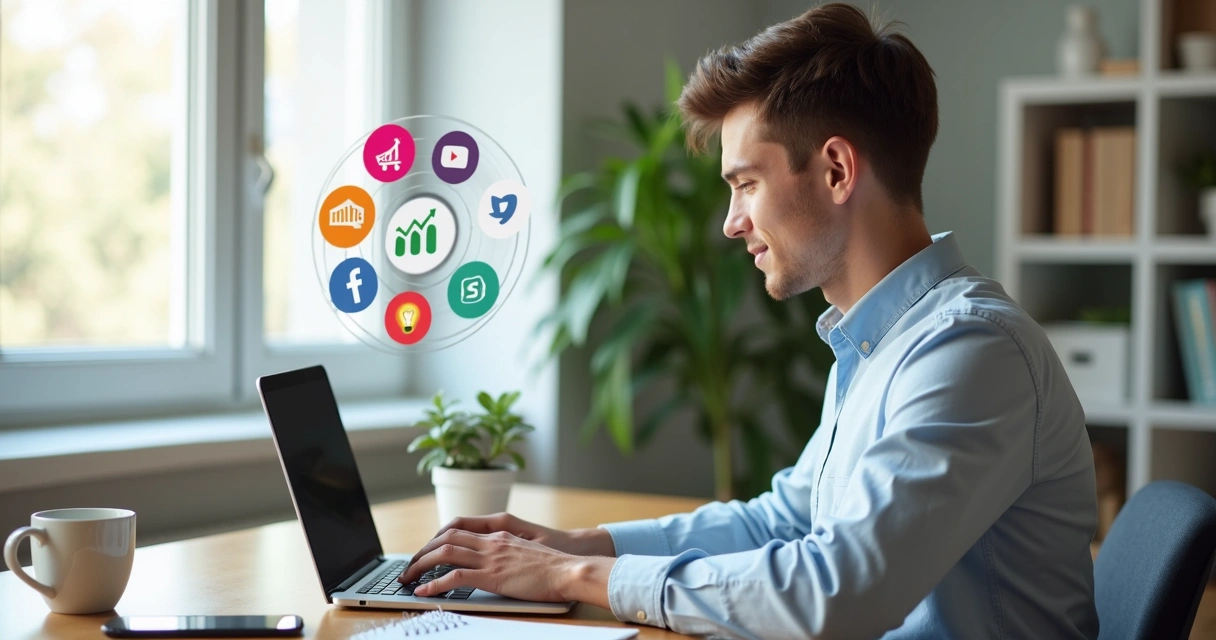 Pessoa usando notebook com vários ícones de habilidades digitais ao redor em ambiente de home office 