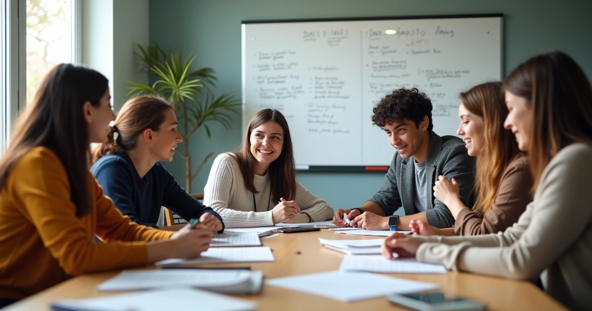 Jovens estudando em grupo, papéis espalhados, quadro com anotações ao fundo