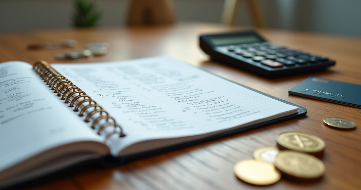 Mesa com caderno, caneta, calculadora, moedas e cartão de crédito organizados para planejamento financeiro 