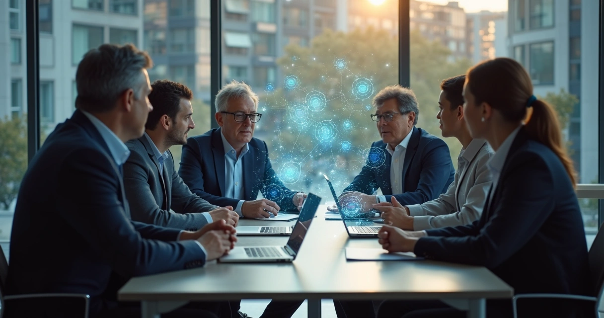 Pessoas conversam e interagem em ambiente corporativo, gráficos digitais de conexão ao fundo. 