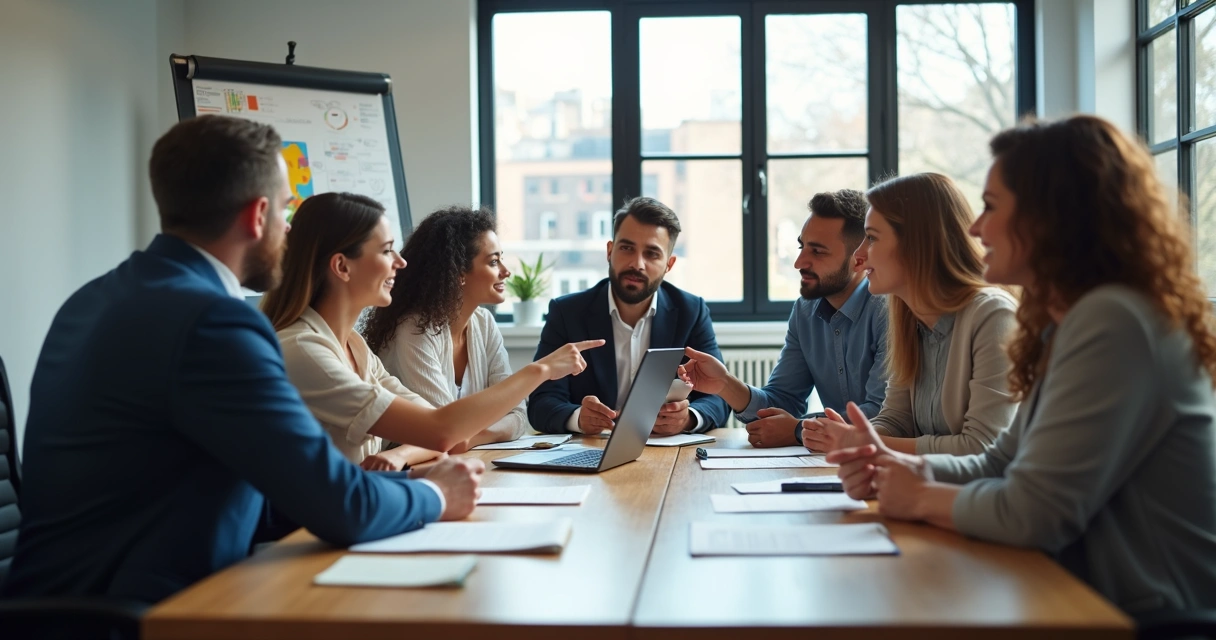 Equipe de trabalho reunida em mesa discutindo ideias 