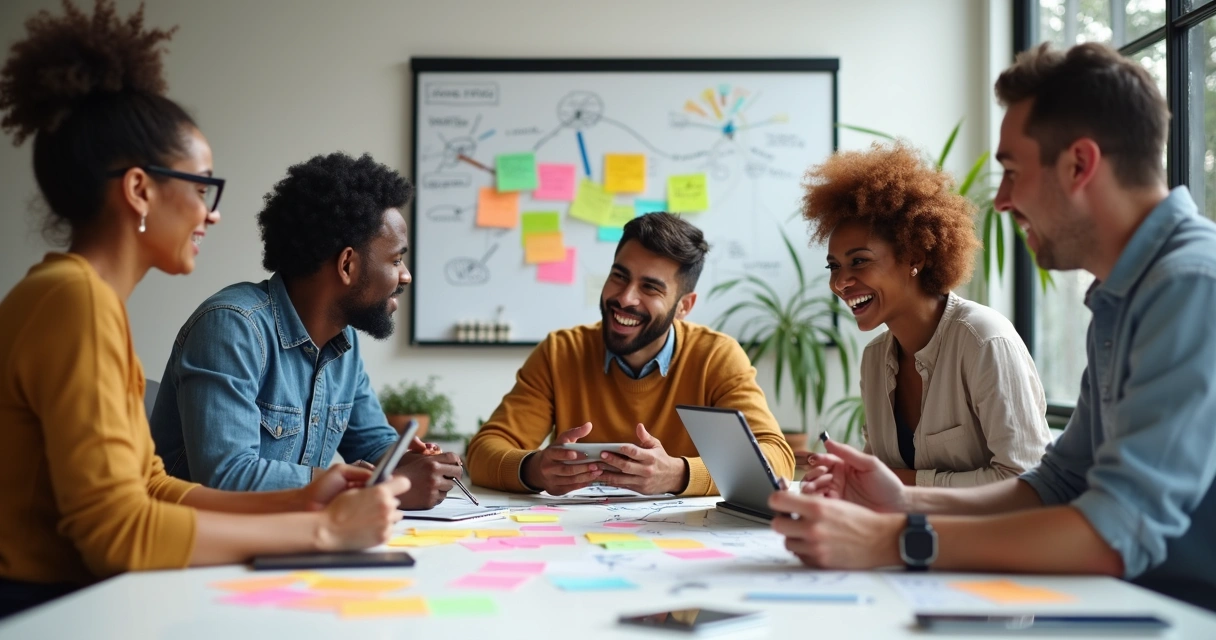 Pessoas em ambiente de trabalho colorido discutindo ideias inovadoras ao redor de uma mesa 