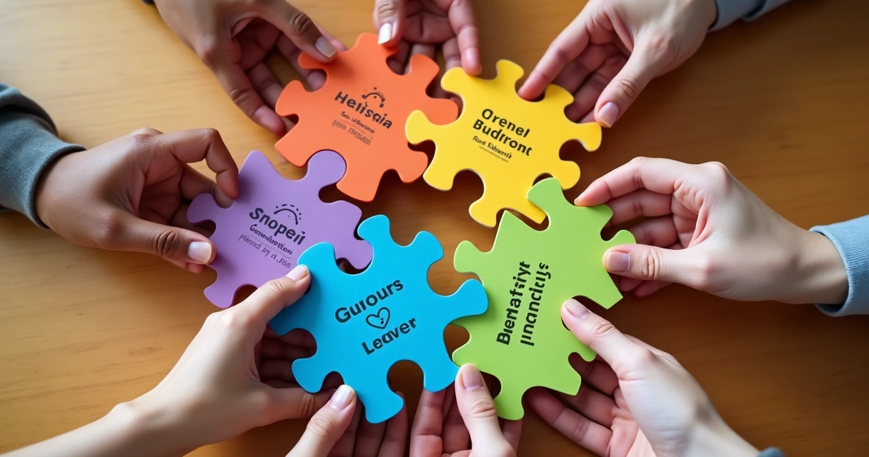 Mãos segurando peças de quebra-cabeça coloridas, representando talentos integrados