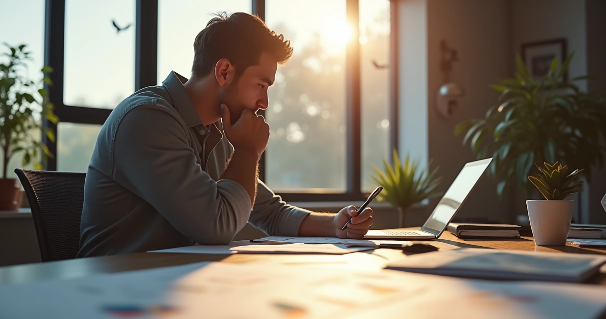 Profissional refletindo sobre habilidades e propósito em ambiente de trabalho moderno 