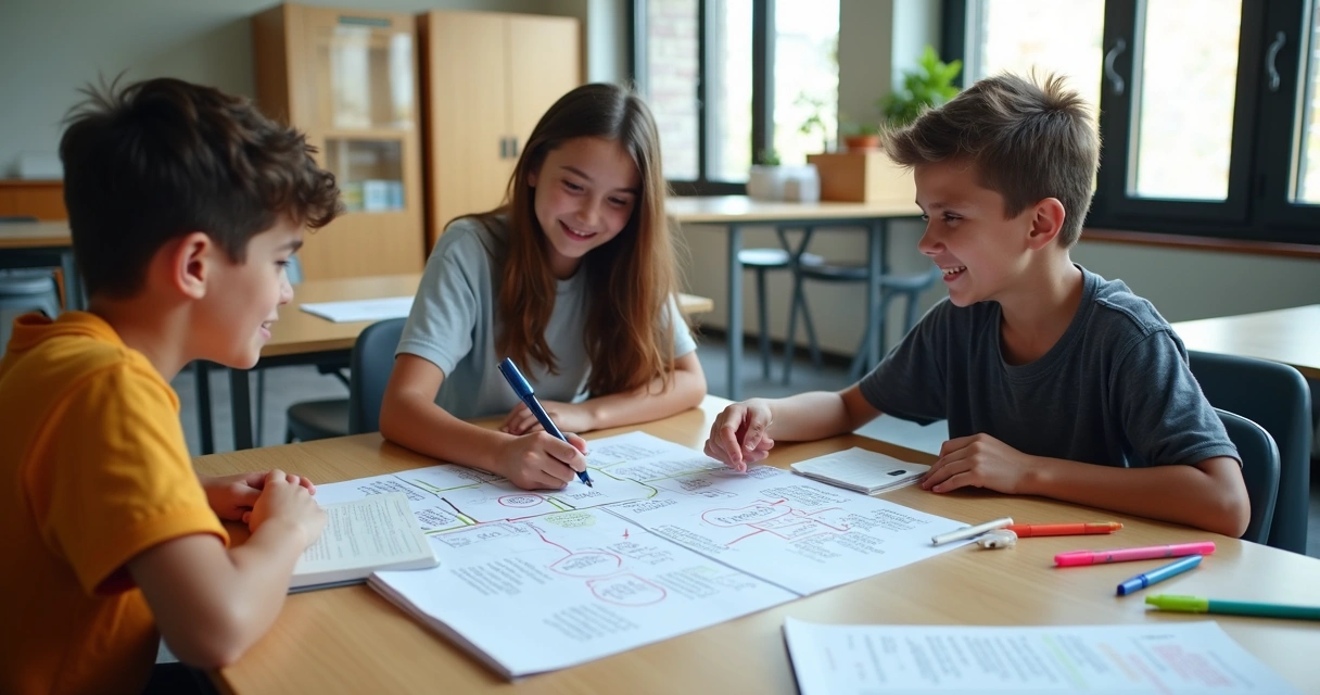 Adolescentes estudando juntos e apontando para anotações em uma mesa