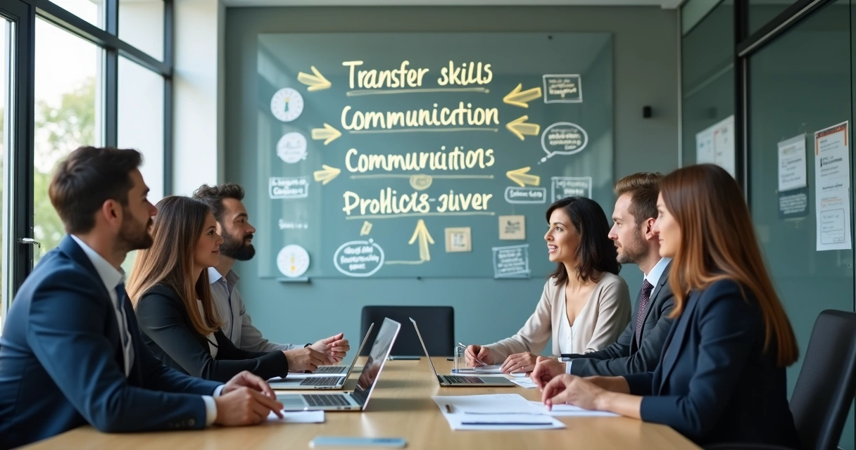 Equipe em reunião apontando habilidades transferíveis em quadro
