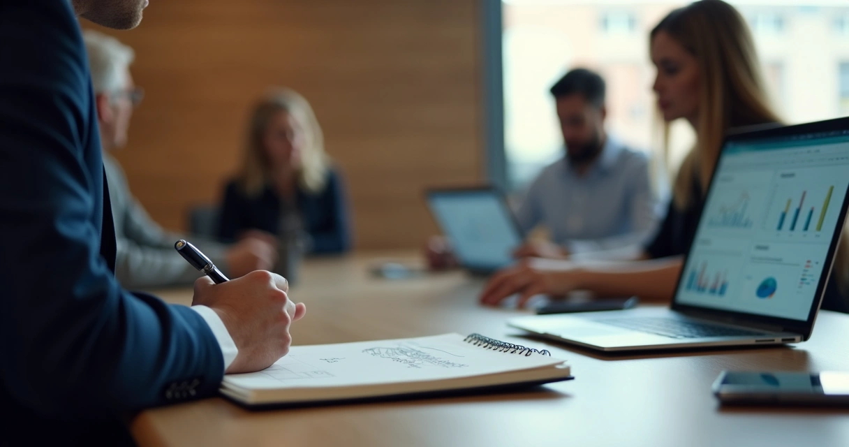 Pessoa fazendo perguntas e anotando durante reunião de vendas 