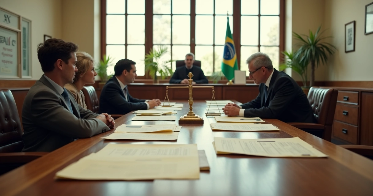 Juiz avaliando documentos de herdeiros sobre grande mesa de madeira 