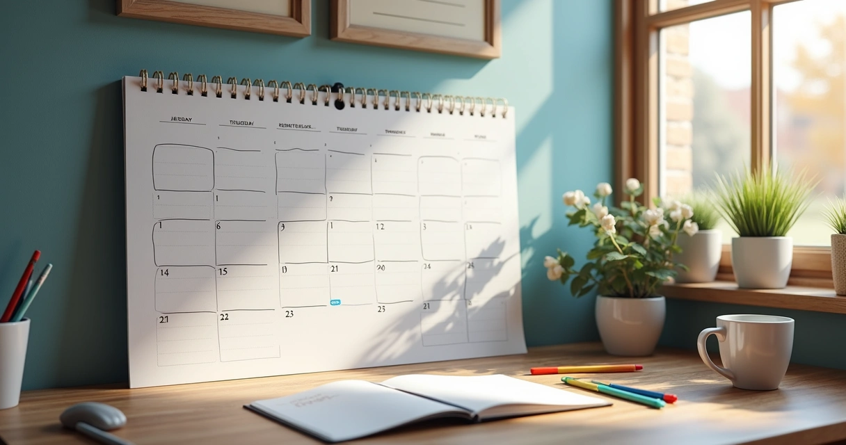 Calendar and notepad on a desk with daily habits marked 