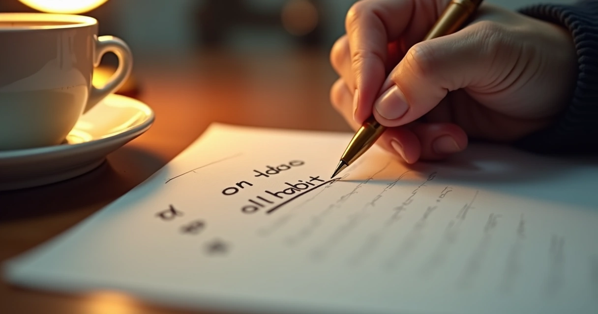 Person crossing out old habit on paper and writing new one 