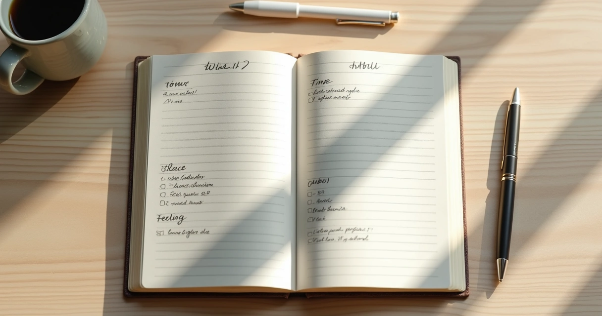 Notebook showing habit cues beside a morning coffee mug