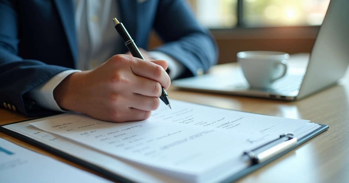 Empresário anotando decisões em caderno com laptop e café ao lado 