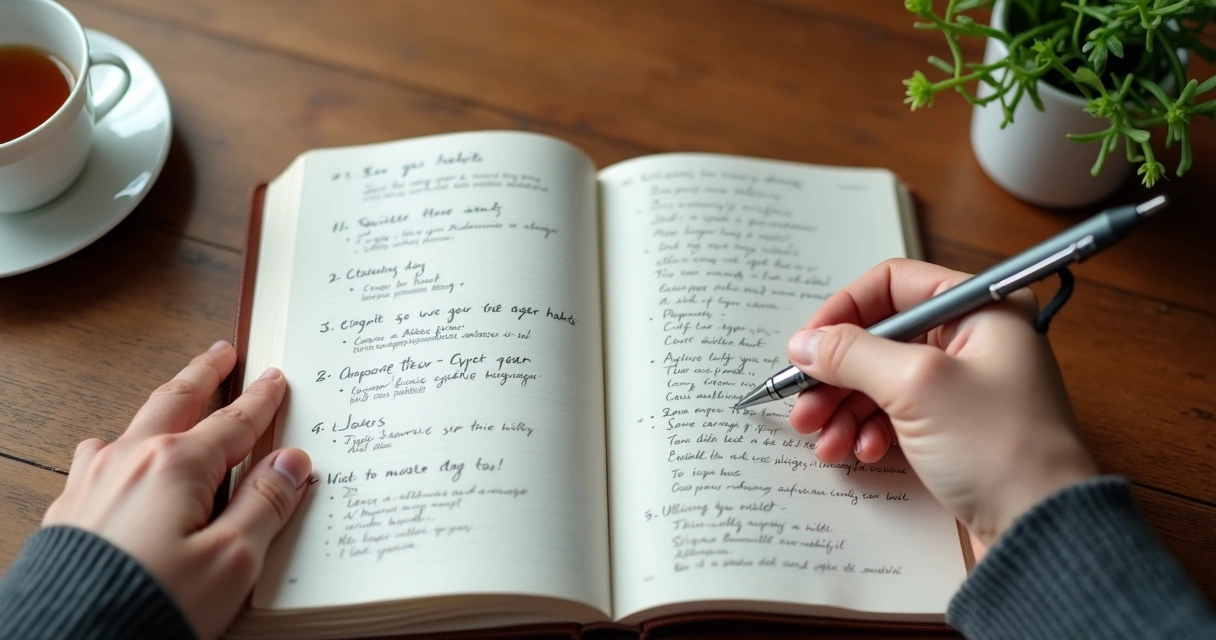 Person writing habits in journal on wooden table