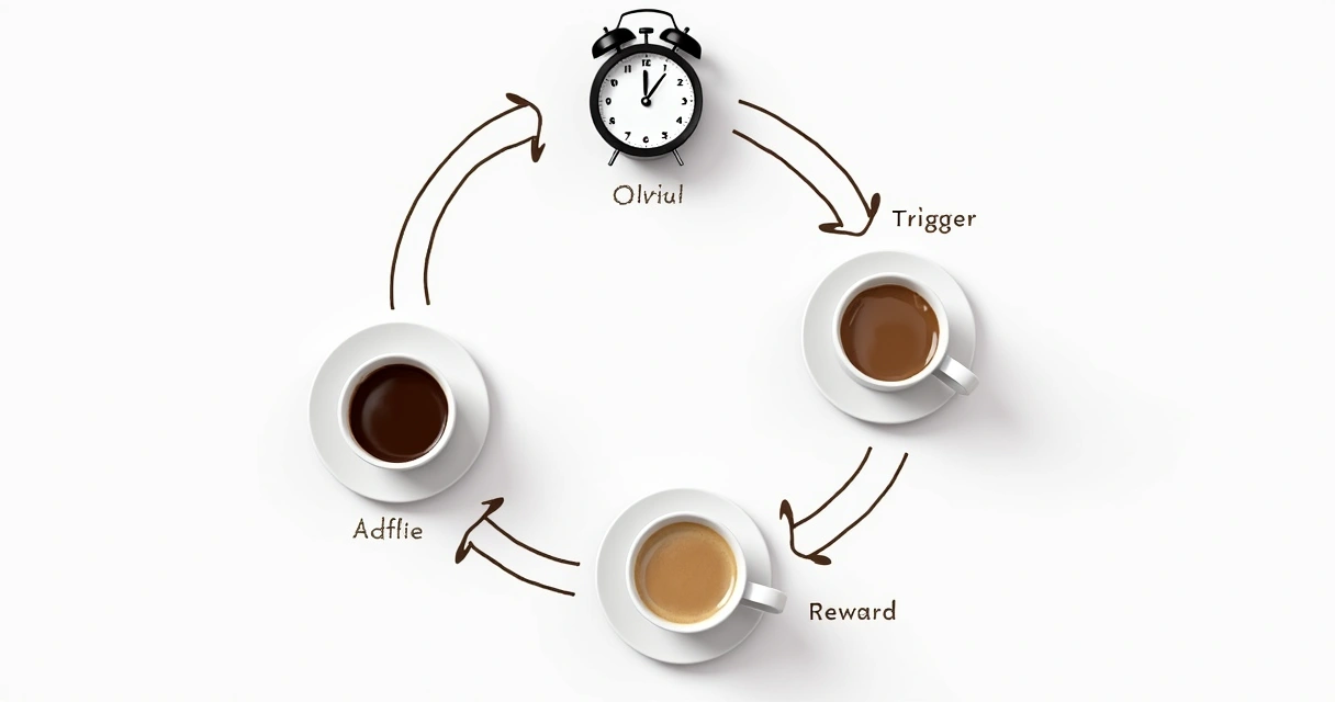 Diagram showing the cycle of habit formation with trigger, action, and reward. 