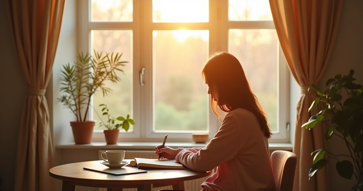 Morning reflection beside window, journal, cup of tea
