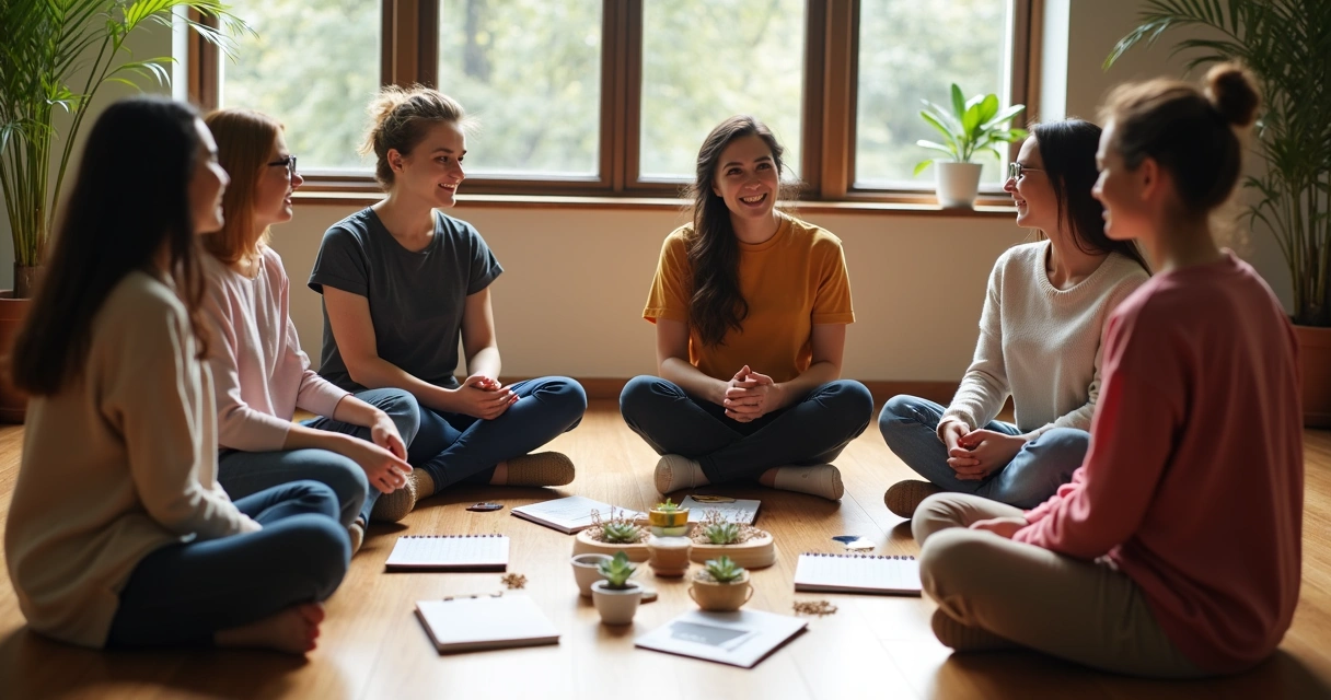 People in a circle sharing mindful practices and supporting each other 