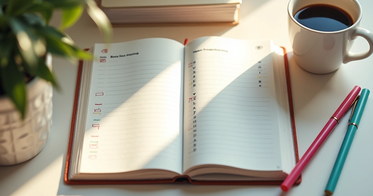 Diary with handwritten notes and colored pens around it 
