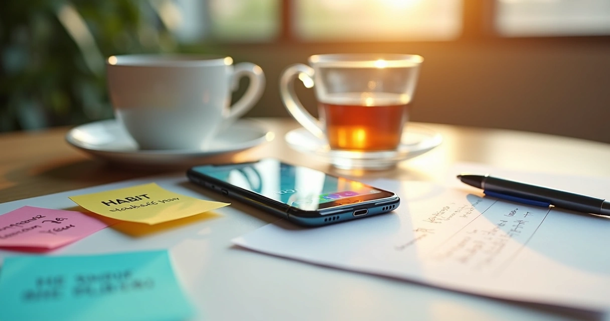 Desk with smartphone, habit tracker app open, cup of tea 