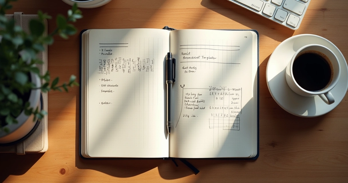 Open journal on a wooden desk with habit tracking notes 