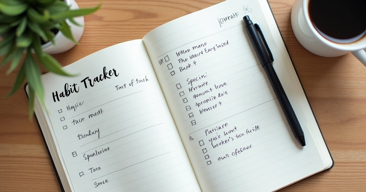 Journal with handwritten habit tracker and pen 