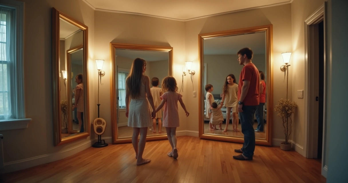 Sala com espelhos simbolizando reflexos emocionais 