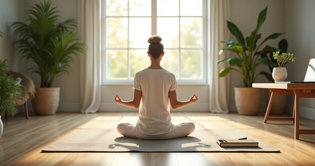 Ambiente tranquilo com tapete de meditação e plantas 